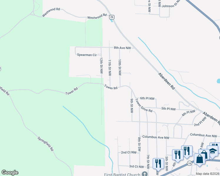map of restaurants, bars, coffee shops, grocery stores, and more near 1200 Tower Road in Vernon