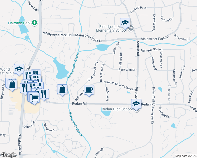 map of restaurants, bars, coffee shops, grocery stores, and more near 1052 Deer Chase Court in Stone Mountain