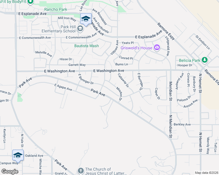 map of restaurants, bars, coffee shops, grocery stores, and more near 1427 East Beringer Drive in San Jacinto
