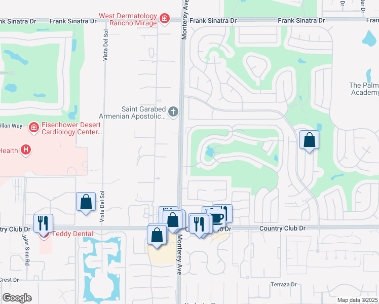 map of restaurants, bars, coffee shops, grocery stores, and more near 73450 Country Club Drive in Palm Desert