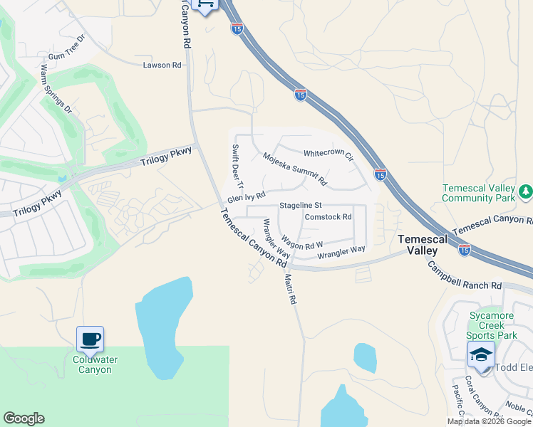 map of restaurants, bars, coffee shops, grocery stores, and more near 9984 Wrangler Way in Corona