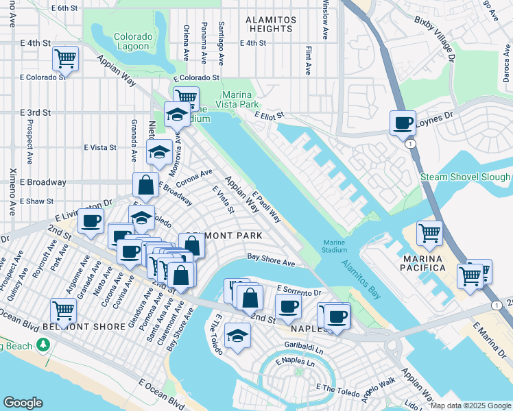 map of restaurants, bars, coffee shops, grocery stores, and more near 5309 Appian Way in Long Beach