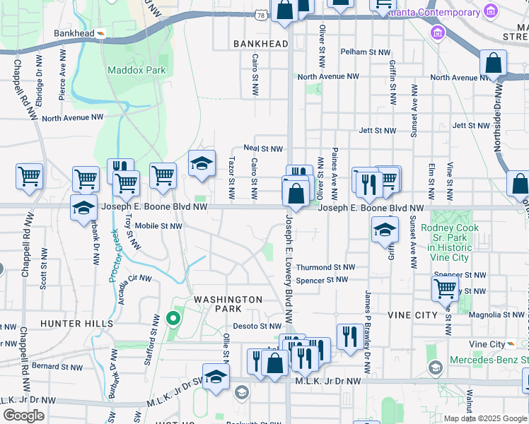 map of restaurants, bars, coffee shops, grocery stores, and more near 958 Joseph E. Boone Boulevard Northwest in Atlanta