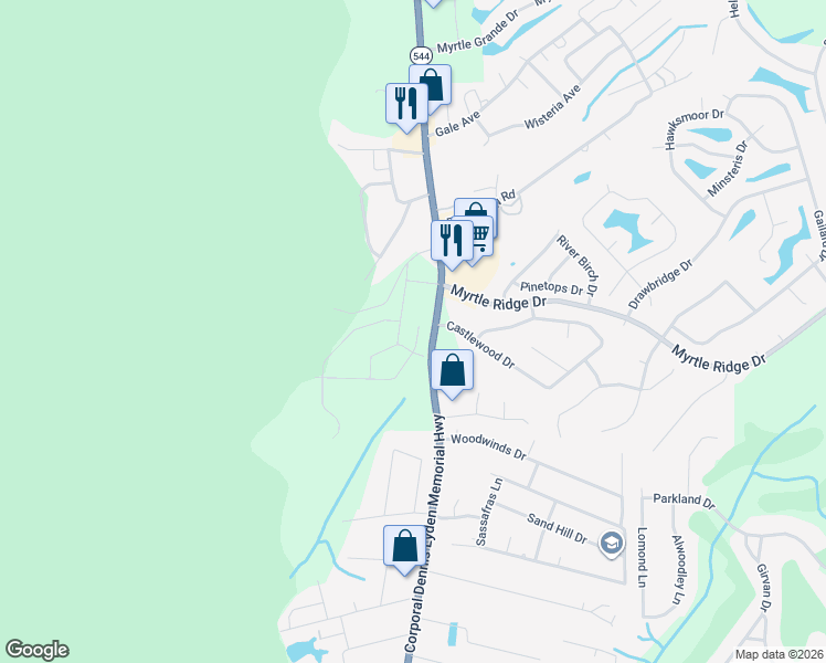 map of restaurants, bars, coffee shops, grocery stores, and more near 1933 South Carolina 544 in Conway