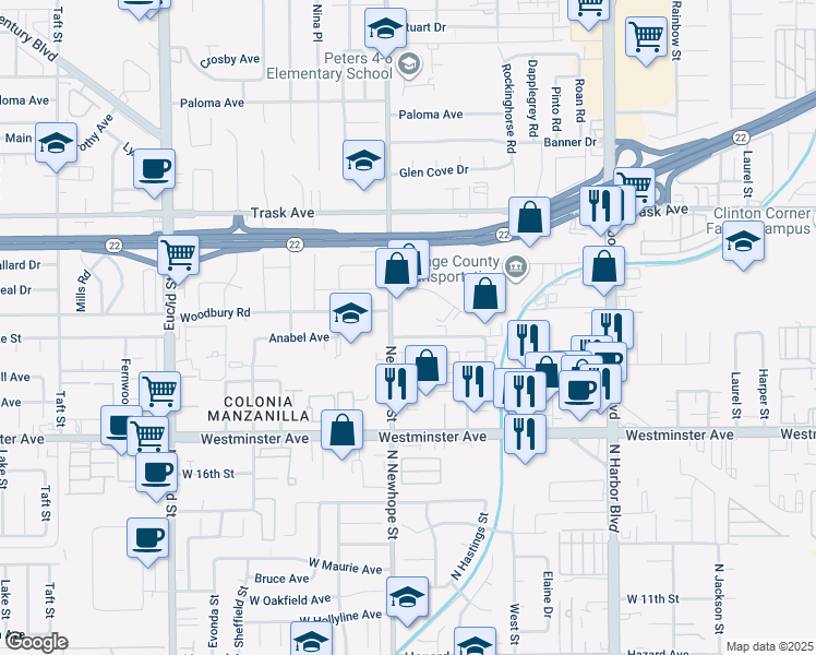 map of restaurants, bars, coffee shops, grocery stores, and more near 13732 Newhope Street in Garden Grove