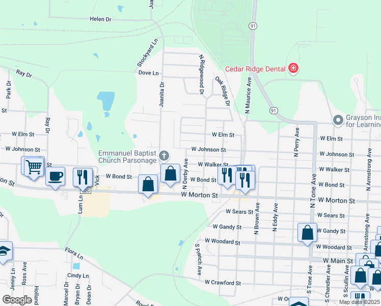 map of restaurants, bars, coffee shops, grocery stores, and more near 1722 W Johnson St in Denison