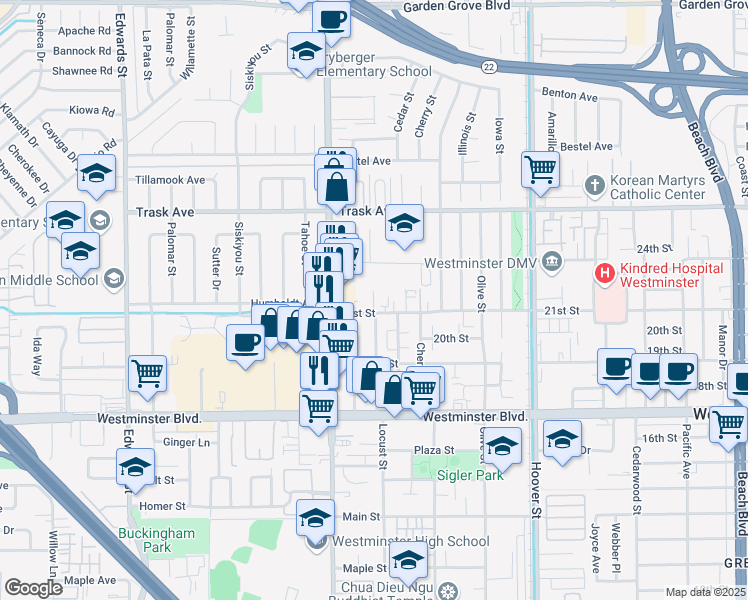 map of restaurants, bars, coffee shops, grocery stores, and more near 13694 Locust Circle in Westminster