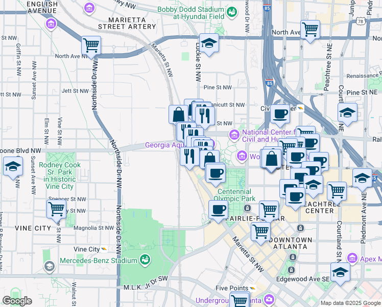 map of restaurants, bars, coffee shops, grocery stores, and more near in Atlanta
