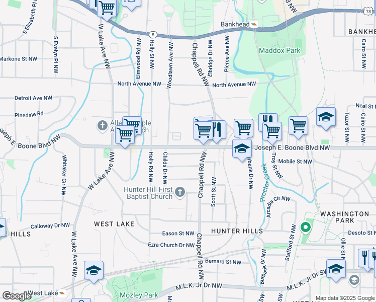 map of restaurants, bars, coffee shops, grocery stores, and more near 1425 Rome Drive Northwest in Atlanta