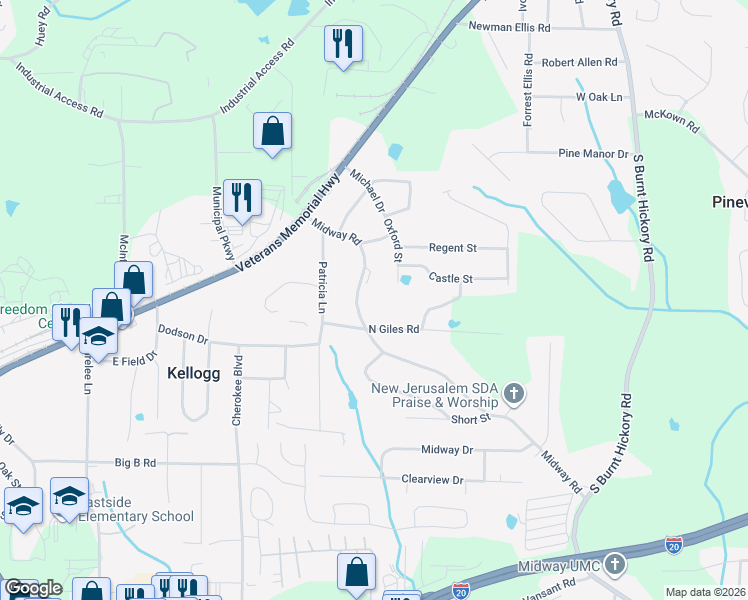 map of restaurants, bars, coffee shops, grocery stores, and more near 4382 Midway Road in Douglasville