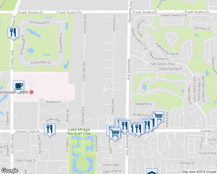 map of restaurants, bars, coffee shops, grocery stores, and more near 9 Serrano Way in Rancho Mirage