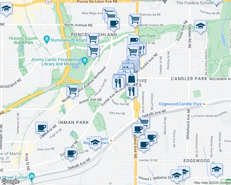 map of restaurants, bars, coffee shops, grocery stores, and more near 1062 Euclid Avenue Northeast in Atlanta