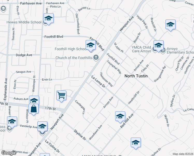 map of restaurants, bars, coffee shops, grocery stores, and more near 1091 La Loma Drive in Santa Ana