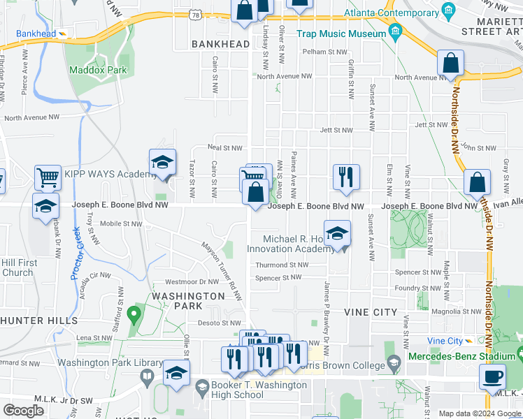 map of restaurants, bars, coffee shops, grocery stores, and more near 890 Simpson Street Northwest in Atlanta