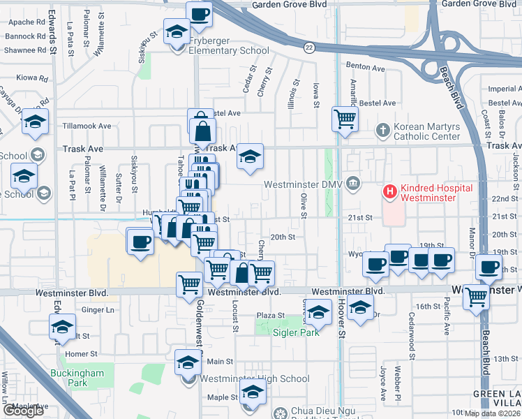 map of restaurants, bars, coffee shops, grocery stores, and more near 7205 21st Street in Westminster