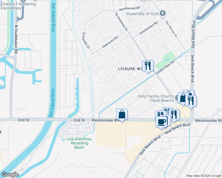 map of restaurants, bars, coffee shops, grocery stores, and more near 1301 Skokie Road in Seal Beach