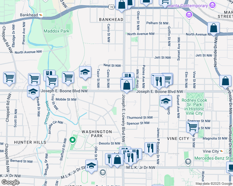 map of restaurants, bars, coffee shops, grocery stores, and more near 944 Joseph E. Boone Boulevard Northwest in Atlanta
