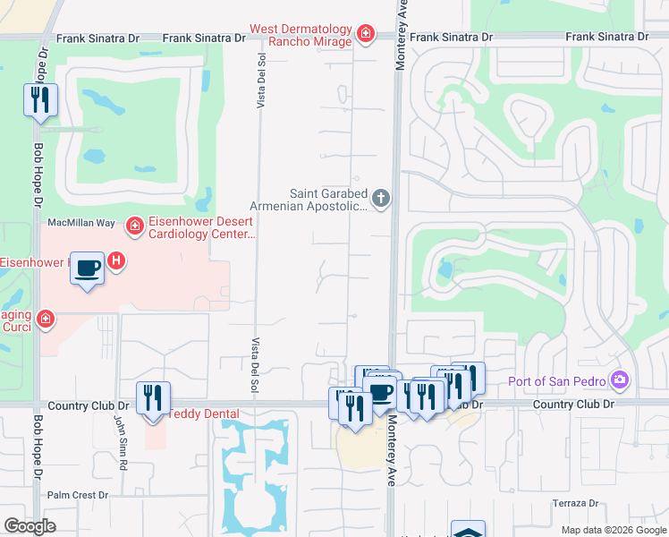 map of restaurants, bars, coffee shops, grocery stores, and more near 9 Serrano Way in Rancho Mirage