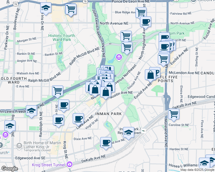 map of restaurants, bars, coffee shops, grocery stores, and more near 331 Elizabeth Street Northeast in Atlanta
