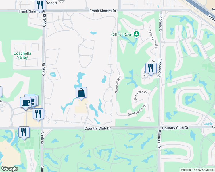 map of restaurants, bars, coffee shops, grocery stores, and more near 217 Desert Falls Circle in Palm Desert