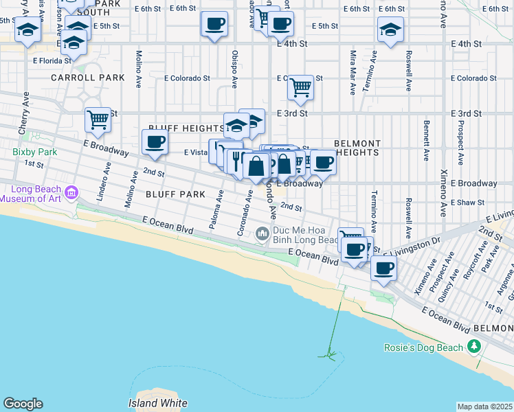map of restaurants, bars, coffee shops, grocery stores, and more near 3312 East 2nd Street in Long Beach