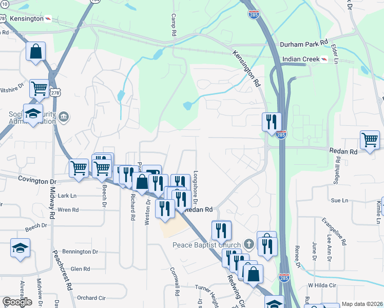 map of restaurants, bars, coffee shops, grocery stores, and more near 1069 Longshore Drive in Decatur