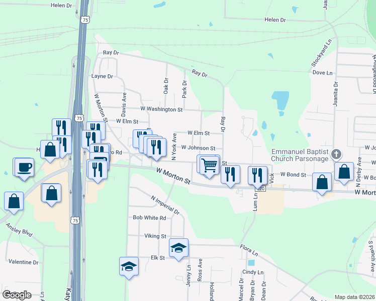 map of restaurants, bars, coffee shops, grocery stores, and more near 2614 West Johnson Street in Denison