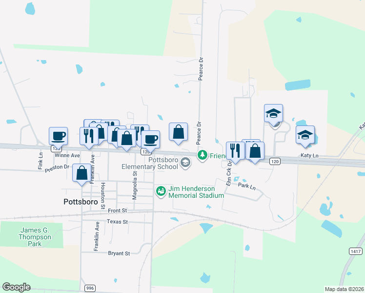 map of restaurants, bars, coffee shops, grocery stores, and more near 100 Pearce Drive in Pottsboro