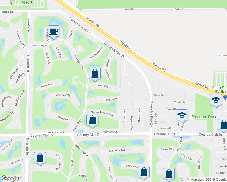 map of restaurants, bars, coffee shops, grocery stores, and more near 76659 Begonia Lane in Palm Desert