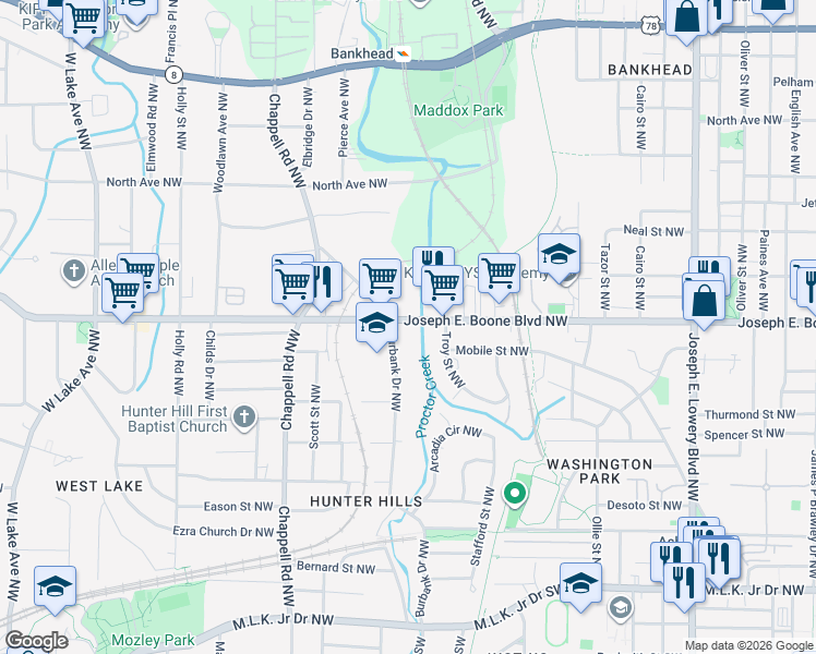 map of restaurants, bars, coffee shops, grocery stores, and more near 1266 Joseph E. Boone Boulevard Northwest in Atlanta