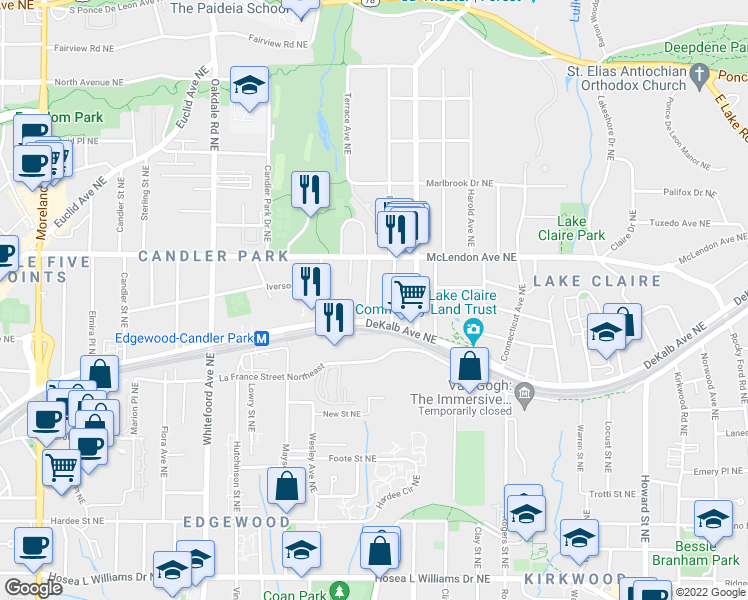 map of restaurants, bars, coffee shops, grocery stores, and more near 329 Glendale Avenue Northeast in Atlanta