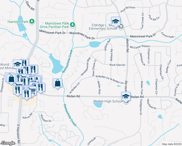 map of restaurants, bars, coffee shops, grocery stores, and more near 1060 Deer Chase Court in Stone Mountain