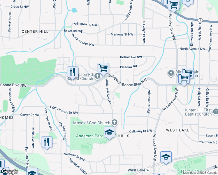 map of restaurants, bars, coffee shops, grocery stores, and more near 303 Anderson Avenue Northwest in Atlanta