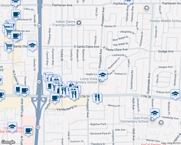 map of restaurants, bars, coffee shops, grocery stores, and more near 17691 Anglin Lane in Tustin