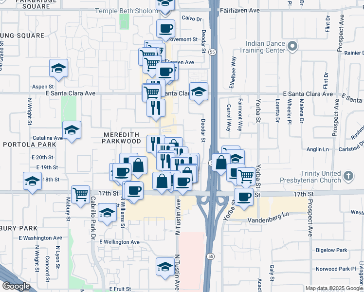map of restaurants, bars, coffee shops, grocery stores, and more near 2002 North Ponderosa Street in Santa Ana