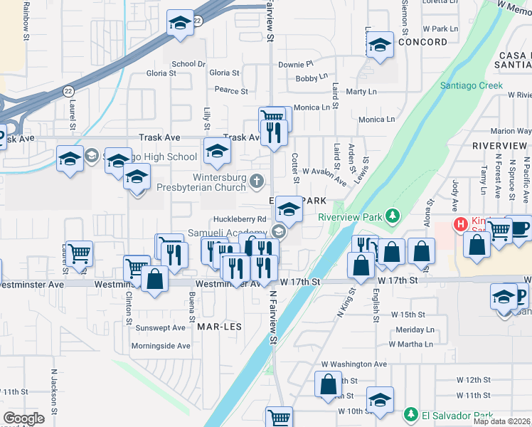 map of restaurants, bars, coffee shops, grocery stores, and more near 1940 North Fairview Street in Santa Ana