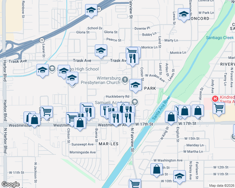 map of restaurants, bars, coffee shops, grocery stores, and more near 2605 Huckleberry Road in Santa Ana