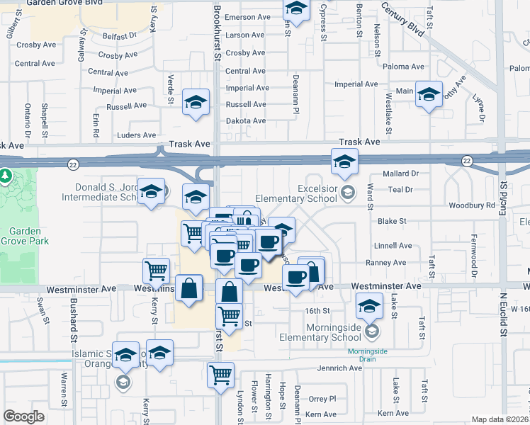 map of restaurants, bars, coffee shops, grocery stores, and more near 13721 Dawson Street in Garden Grove