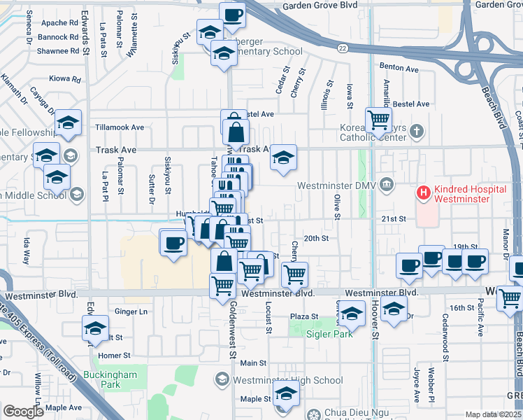 map of restaurants, bars, coffee shops, grocery stores, and more near 13694 Locust Circle in Westminster