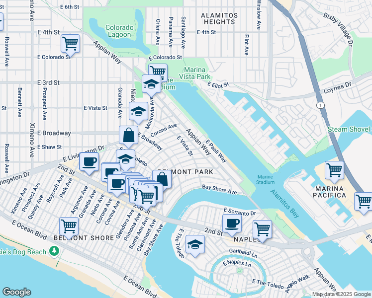 map of restaurants, bars, coffee shops, grocery stores, and more near 303 Glendora Avenue in Long Beach