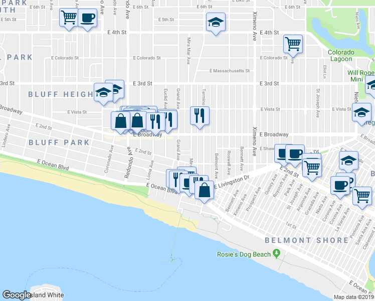 map of restaurants, bars, coffee shops, grocery stores, and more near 215 Mira Mar Avenue in Long Beach