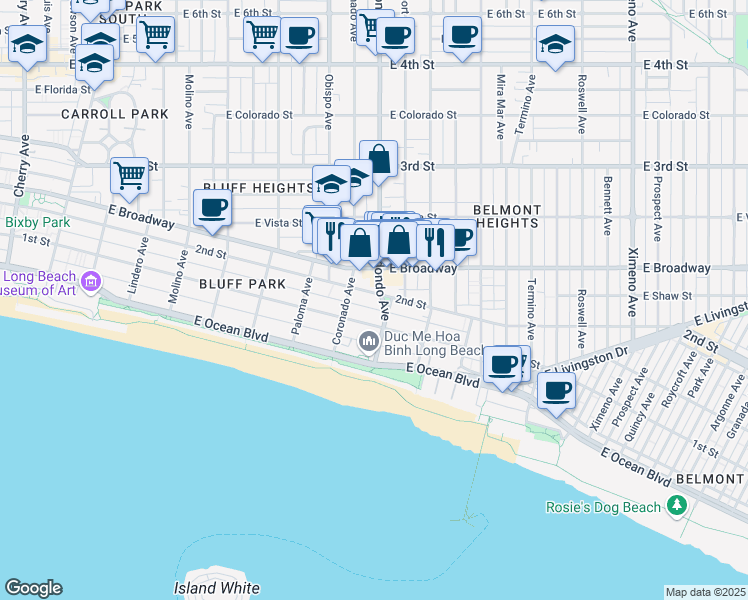 map of restaurants, bars, coffee shops, grocery stores, and more near in Long Beach