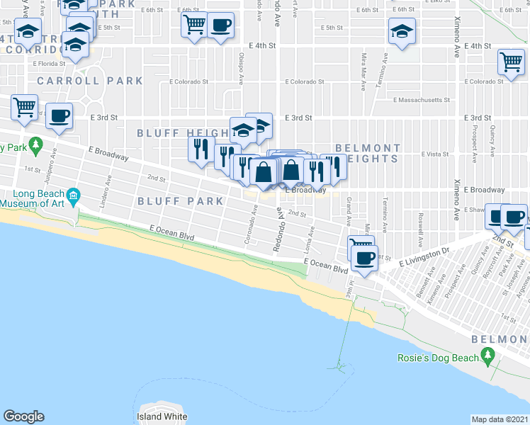 map of restaurants, bars, coffee shops, grocery stores, and more near 3300 2nd Street in Long Beach