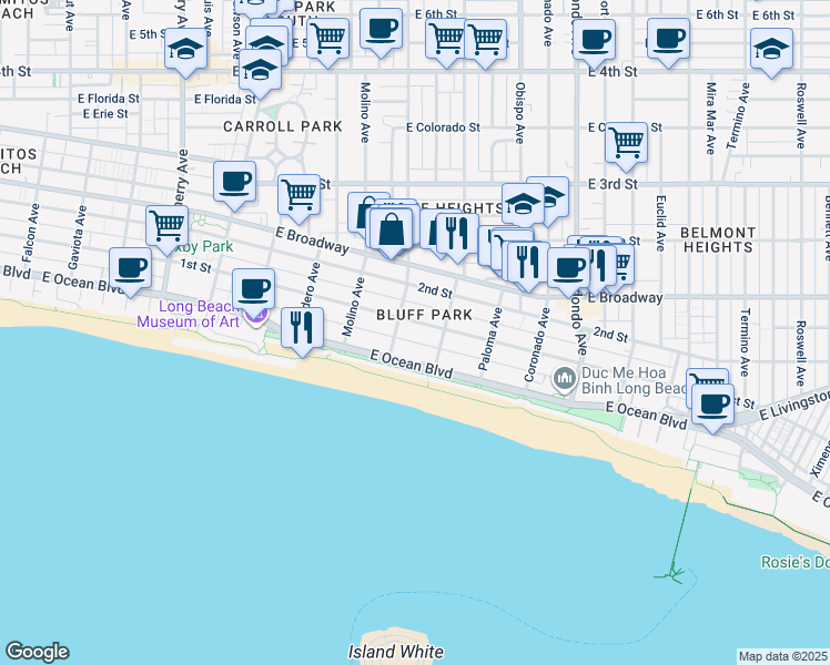 map of restaurants, bars, coffee shops, grocery stores, and more near in Long Beach