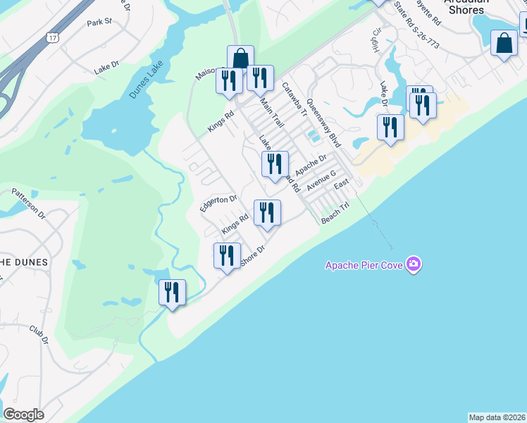map of restaurants, bars, coffee shops, grocery stores, and more near 202 Maison Drive in Myrtle Beach