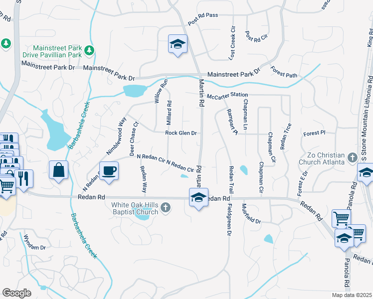 map of restaurants, bars, coffee shops, grocery stores, and more near 1051 South Millard Way in Stone Mountain