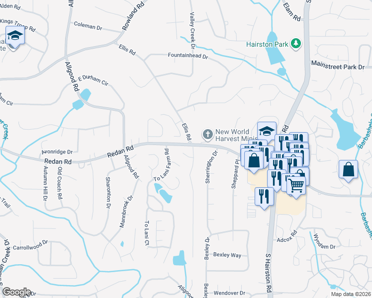 map of restaurants, bars, coffee shops, grocery stores, and more near 4518 To Lani Valley in Stone Mountain