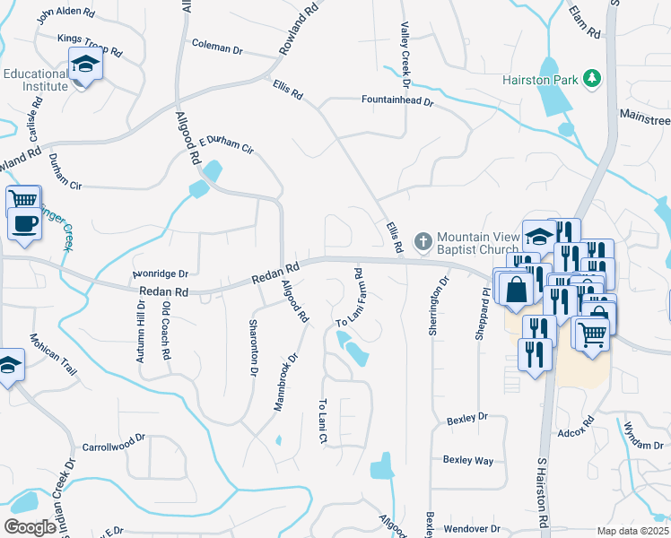 map of restaurants, bars, coffee shops, grocery stores, and more near 1074 Cherokee Heights in Stone Mountain