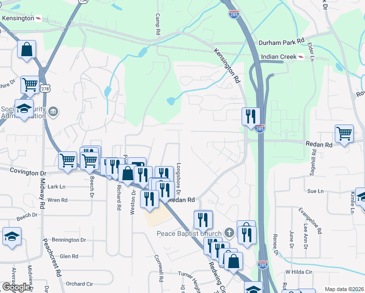 map of restaurants, bars, coffee shops, grocery stores, and more near 1069 Longshore Drive in Decatur