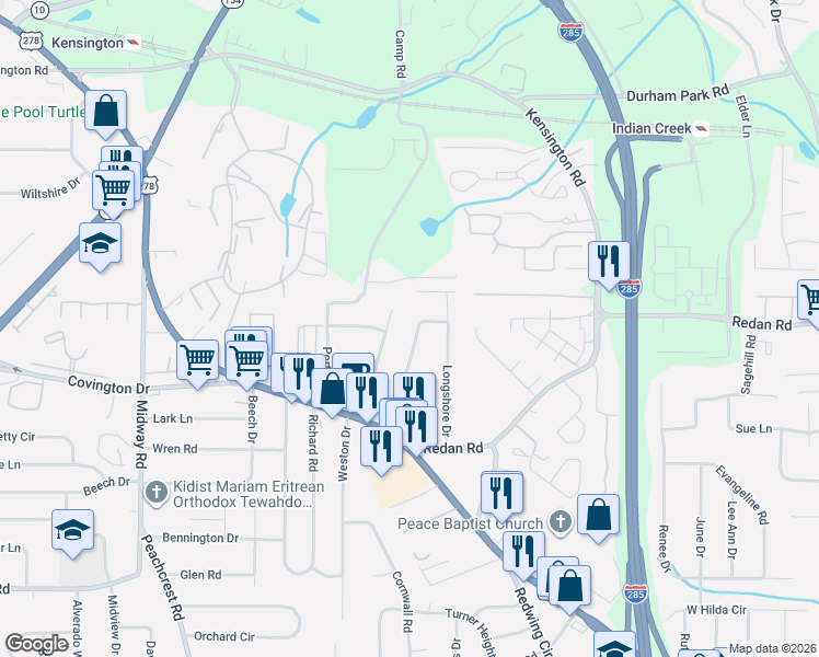 map of restaurants, bars, coffee shops, grocery stores, and more near 1070 Dove Valley Road in Decatur
